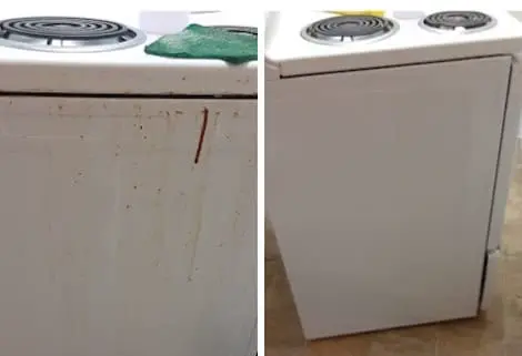 Antes y después de la limpieza de una estufa por "Once Upon a Clean" en Colorado Springs, mostrando resultados impecables.