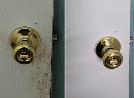 Resultado de la limpieza de una perilla de puerta por Clean Home Colorado LLC en Colorado Springs, destacando atención a los detalles.