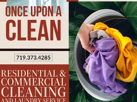 Anuncio de "Once Upon a Clean" Colorado Springs, destacando servicios de limpieza residencial, comercial y lavandería.