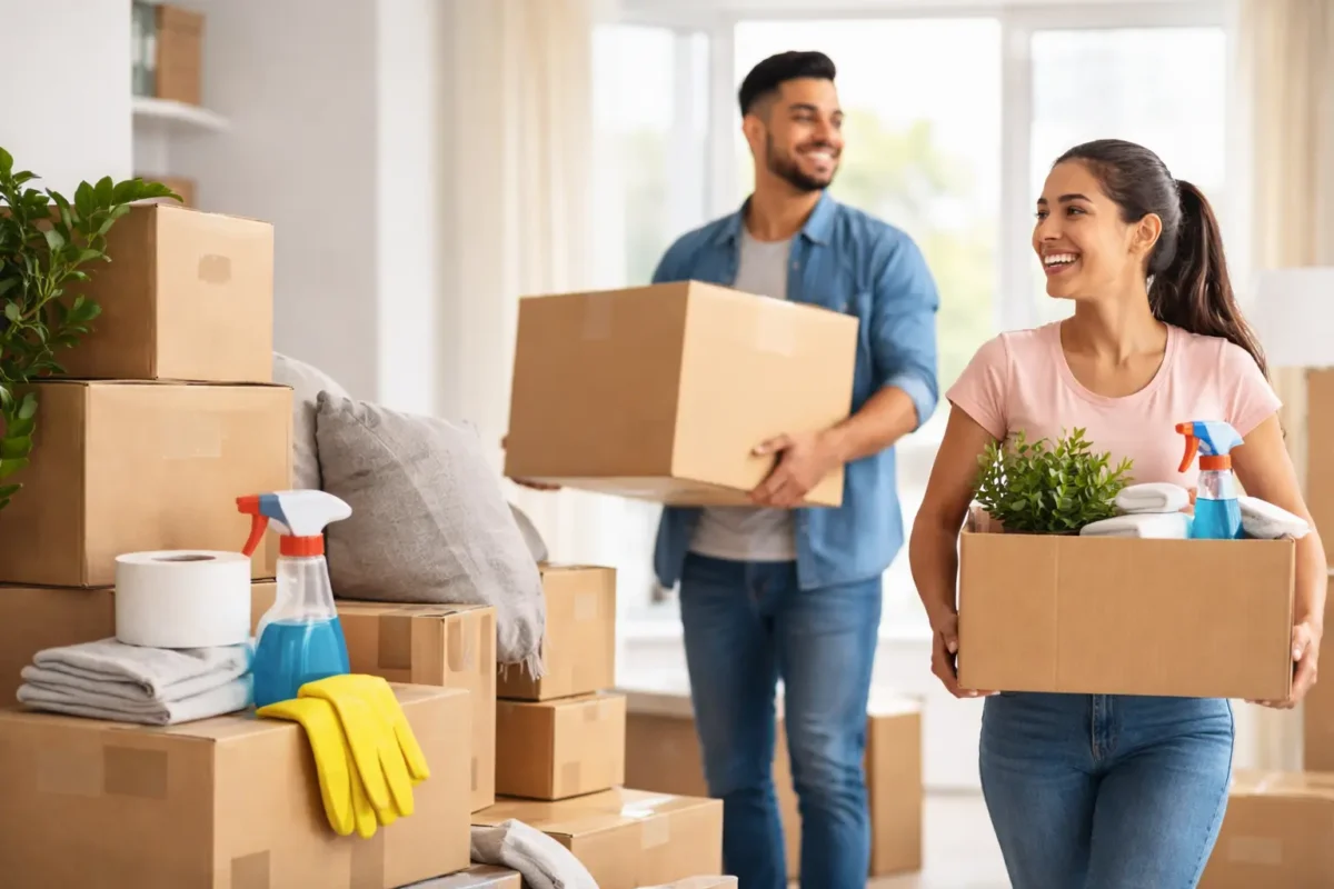 Pareja mudándose con cajas en vivienda vacía lista para move-out cleaning